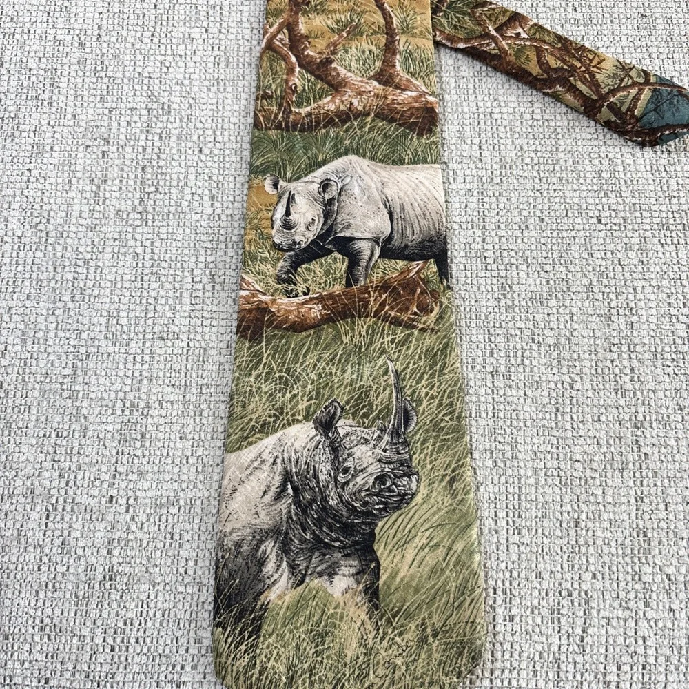Vintage Simon Combes Black Rhinos Endangered‎ Species Silk Necktie 1995